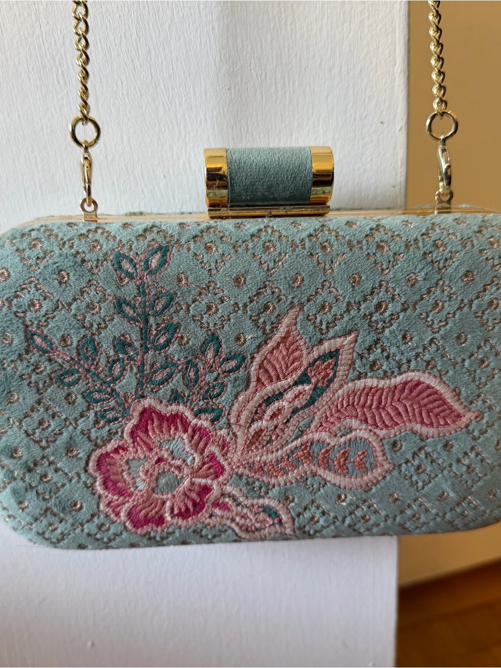 Spartina Embroidered Floral Evening Clutch in Sage and Pink
